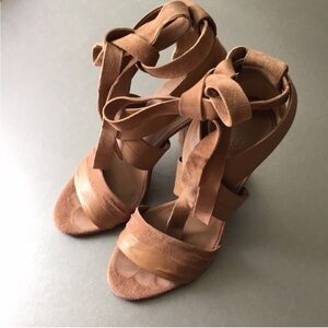 Vince Beatrice Leather and Suede Block Heel Sandal with Ankle Ties